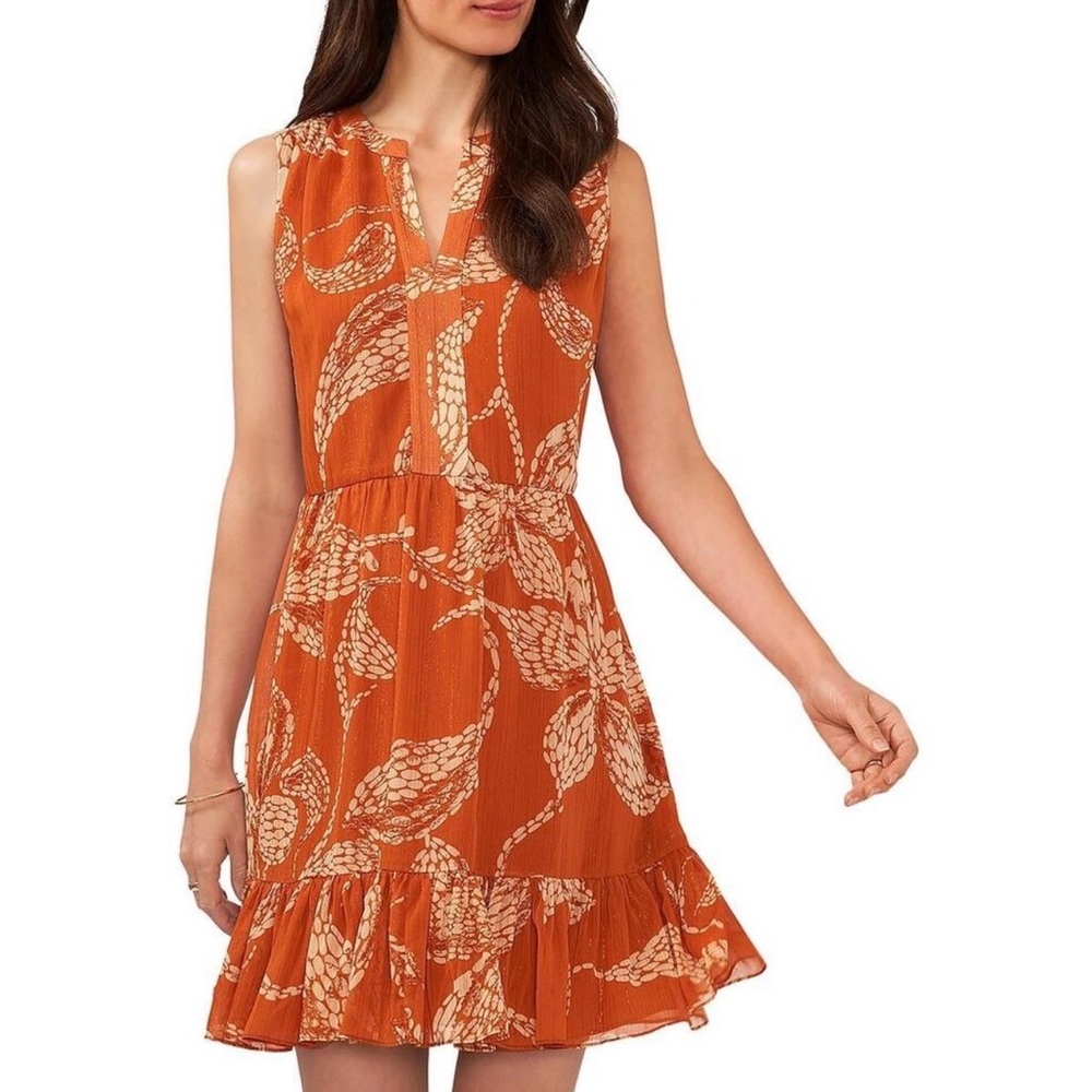 Vince Camuto Printed Tiered Babydoll Dress in sundown with a metallic print, S